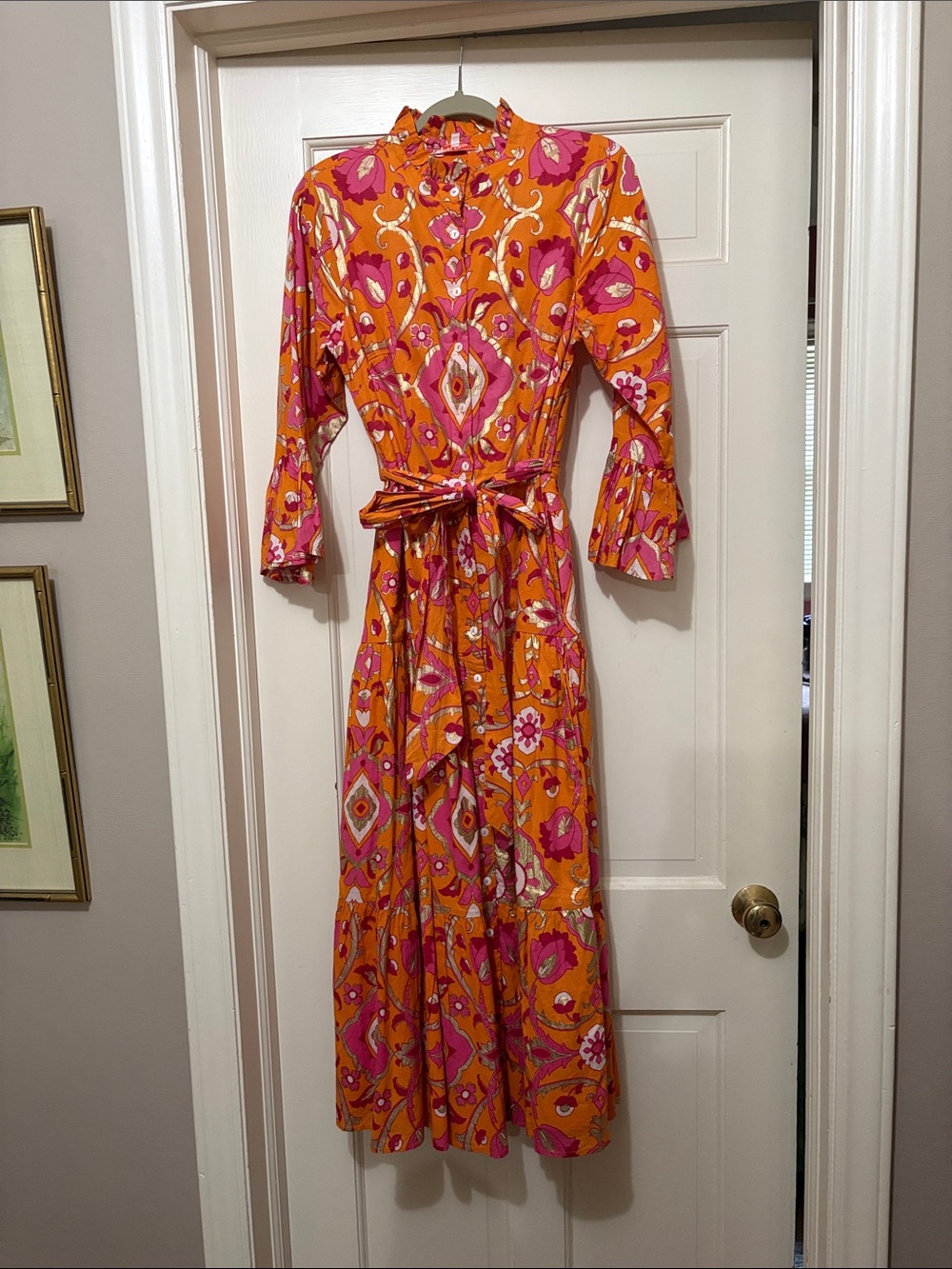 Jude Connally Orange Maxi Dress with Pink Floral Ikat Print